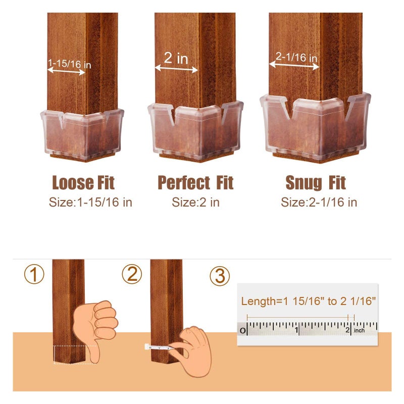 Anwenk Large Table Leg Floor Protectors 1-15/16" to 2-1/16" (49mm-53mm) Large Furniture 2 inch Sofa Leg Caps Square Silicone, Chair Leg Tips with Felt Pads Clear (16 Pack) - Image 4